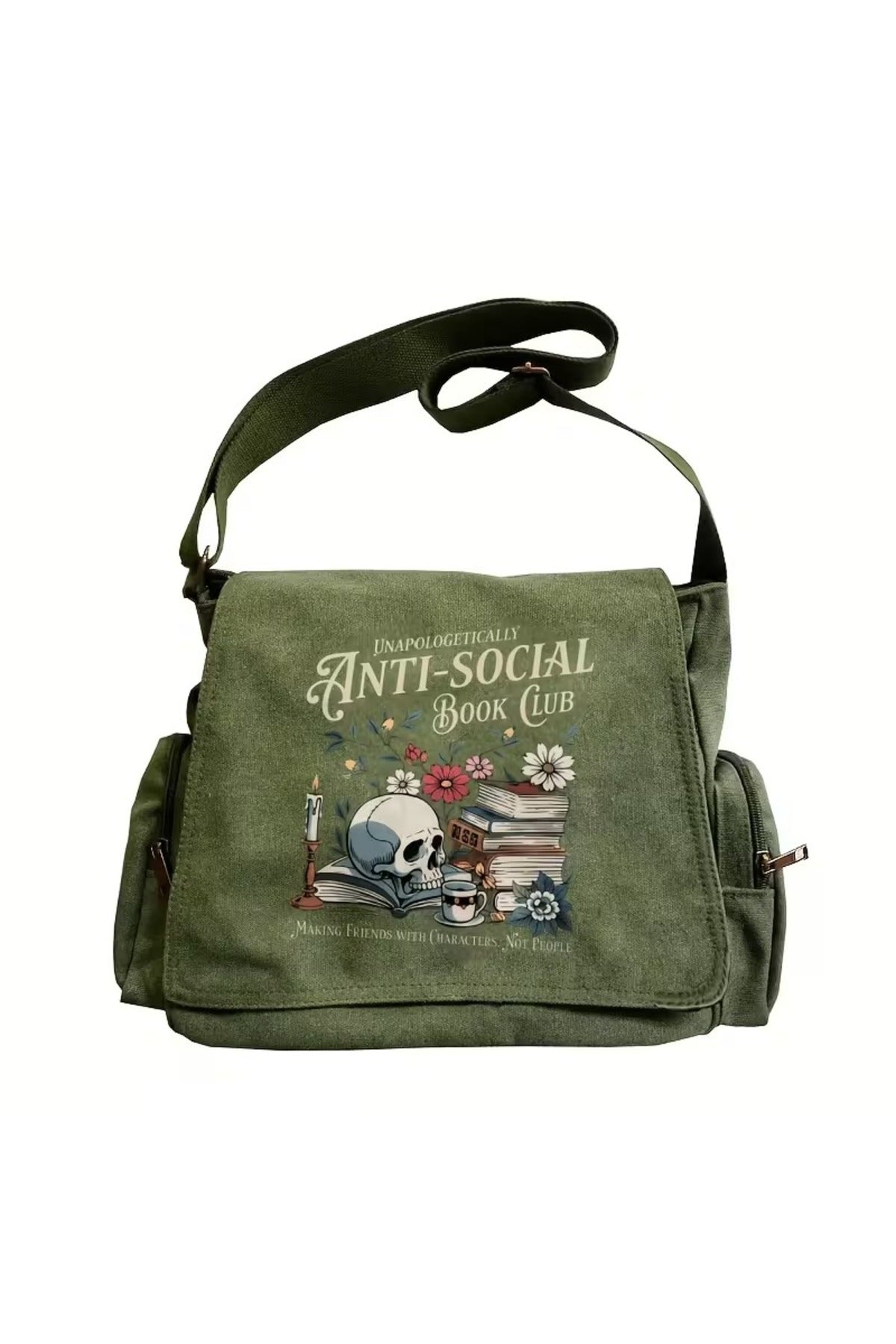 Vintage Anti-Social Baskılı Unisex Haki Postacı Çantası