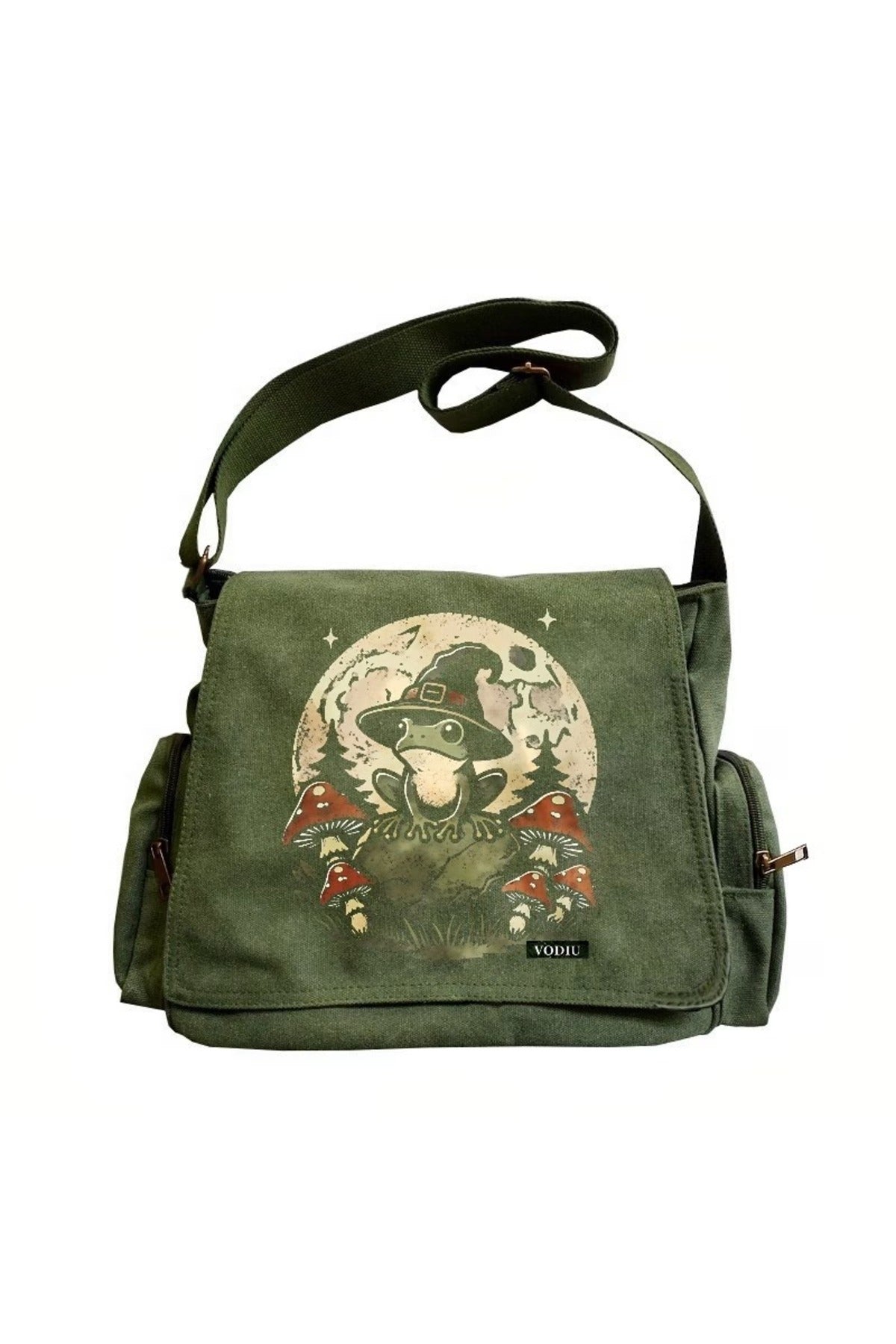 Vintage Bohem Botanik Baskılı Unisex Haki Postacı Çantası