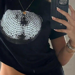 Vintage Disco Ball Baskılı Crop Bluz