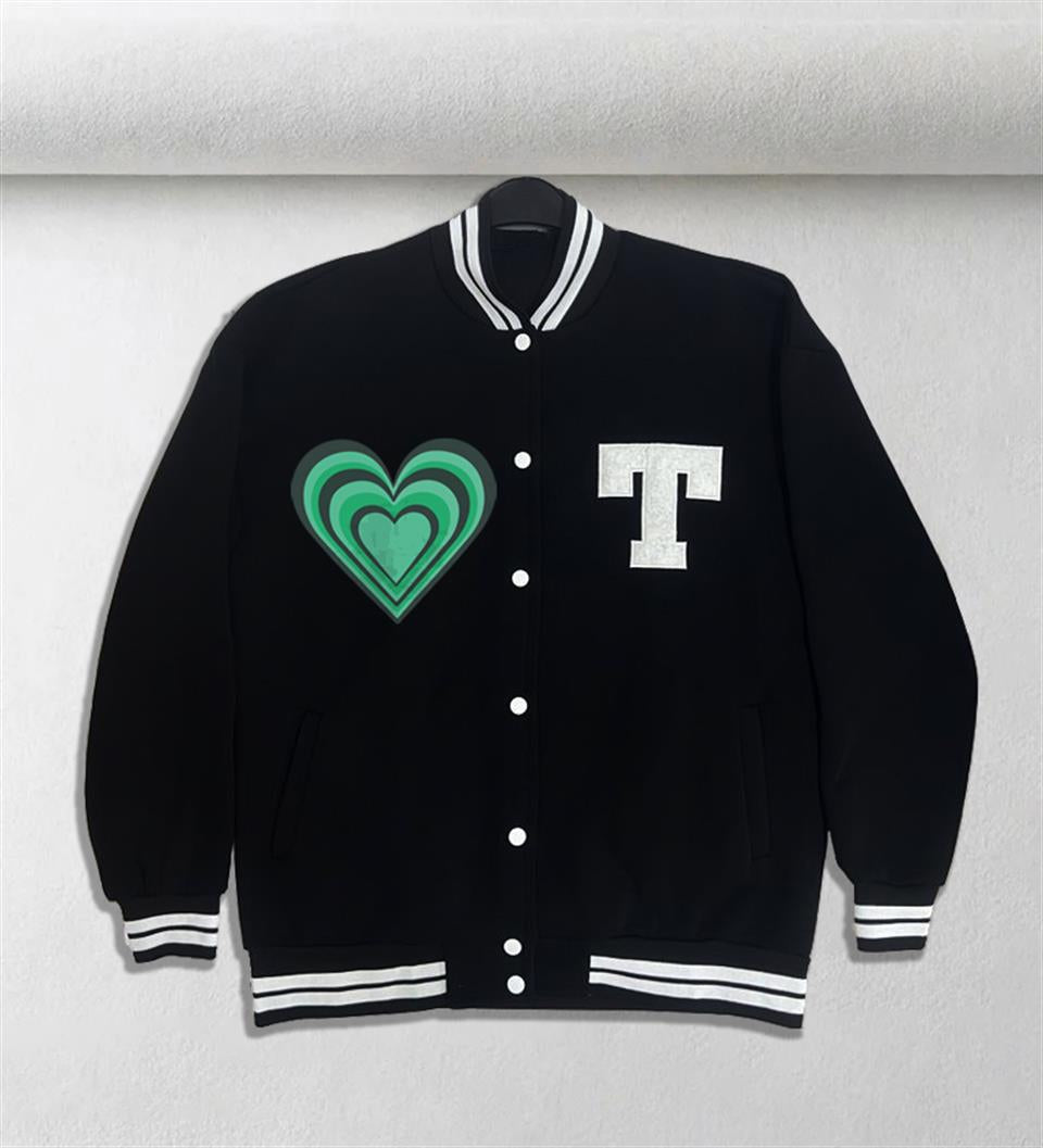 Vintage Green Heart Baskılı Unisex Oversize Siyah Kolej Ceket