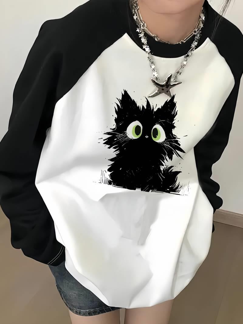 Vintage Reglan Uzun Kollu Black Cat Baskılı Beyaz T-Shirt