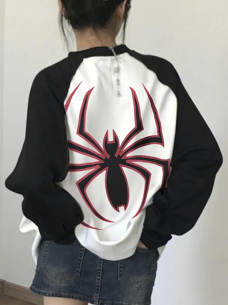 Vintage Reglan Uzun Kollu Spider Baskılı Beyaz T-Shirt