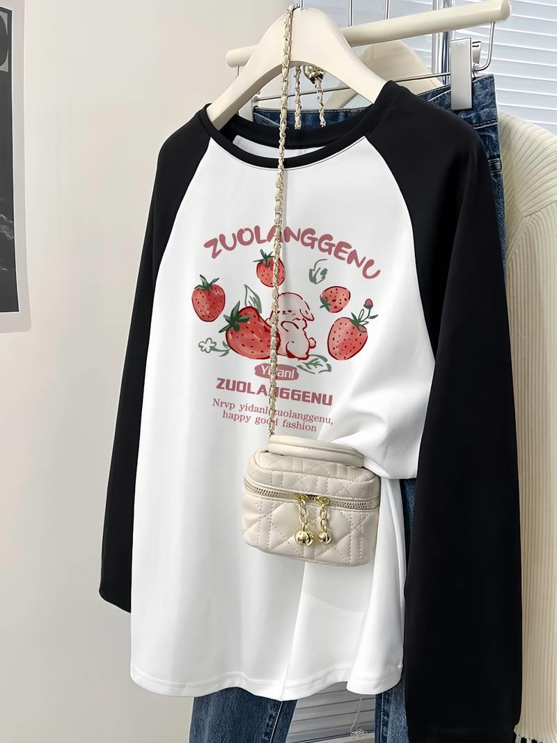 Vintage Reglan Uzun Kollu Strawberry Baskılı Beyaz T-Shirt