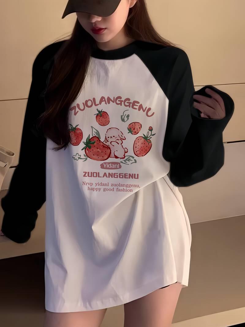 Vintage Reglan Uzun Kollu Strawberry Baskılı Beyaz T-Shirt