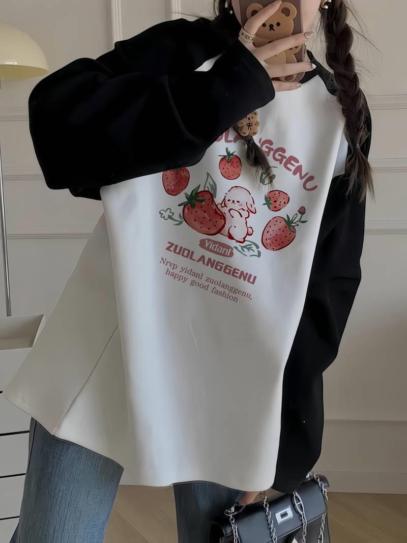 Vintage Reglan Uzun Kollu Strawberry Baskılı Beyaz T-Shirt