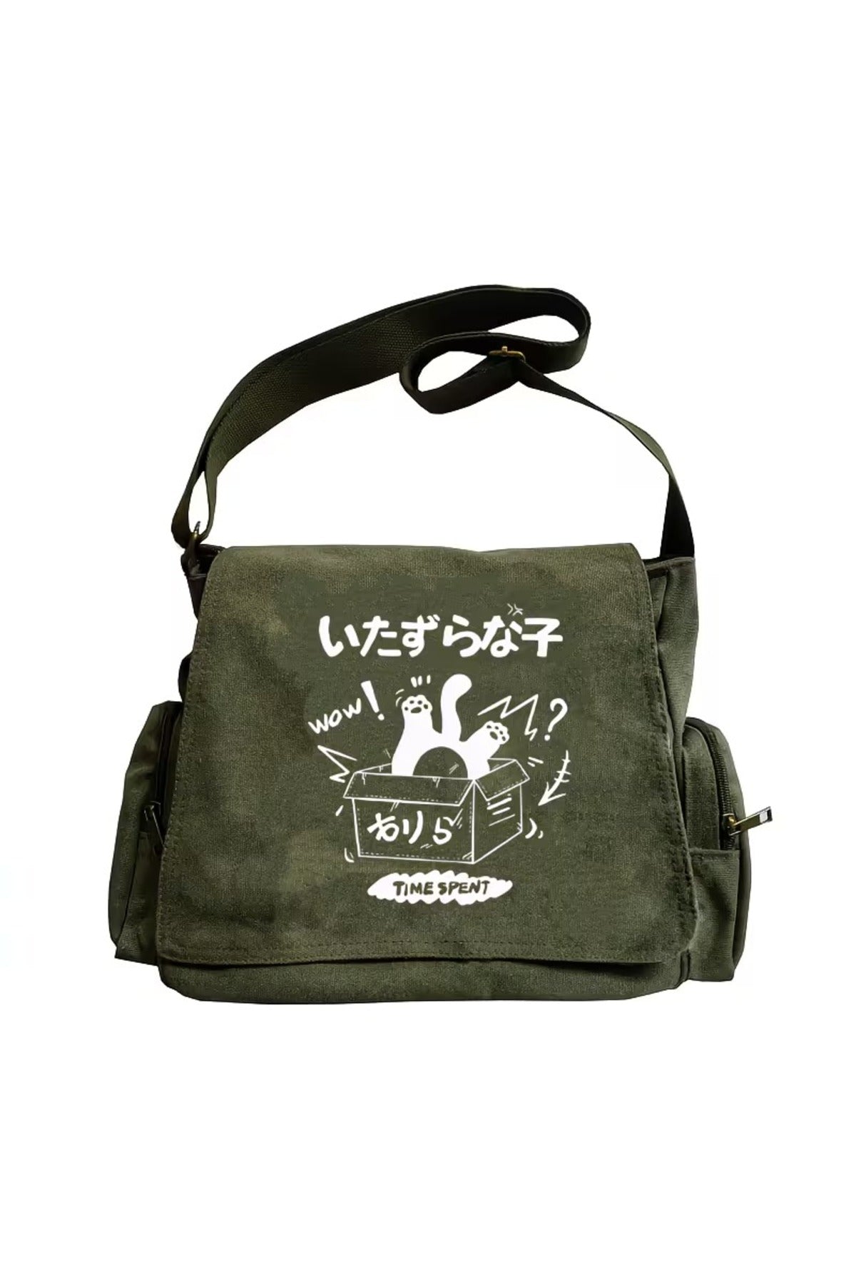 Vintage Sweet Cute Cat Baskılı Unisex Haki Postacı Çantası