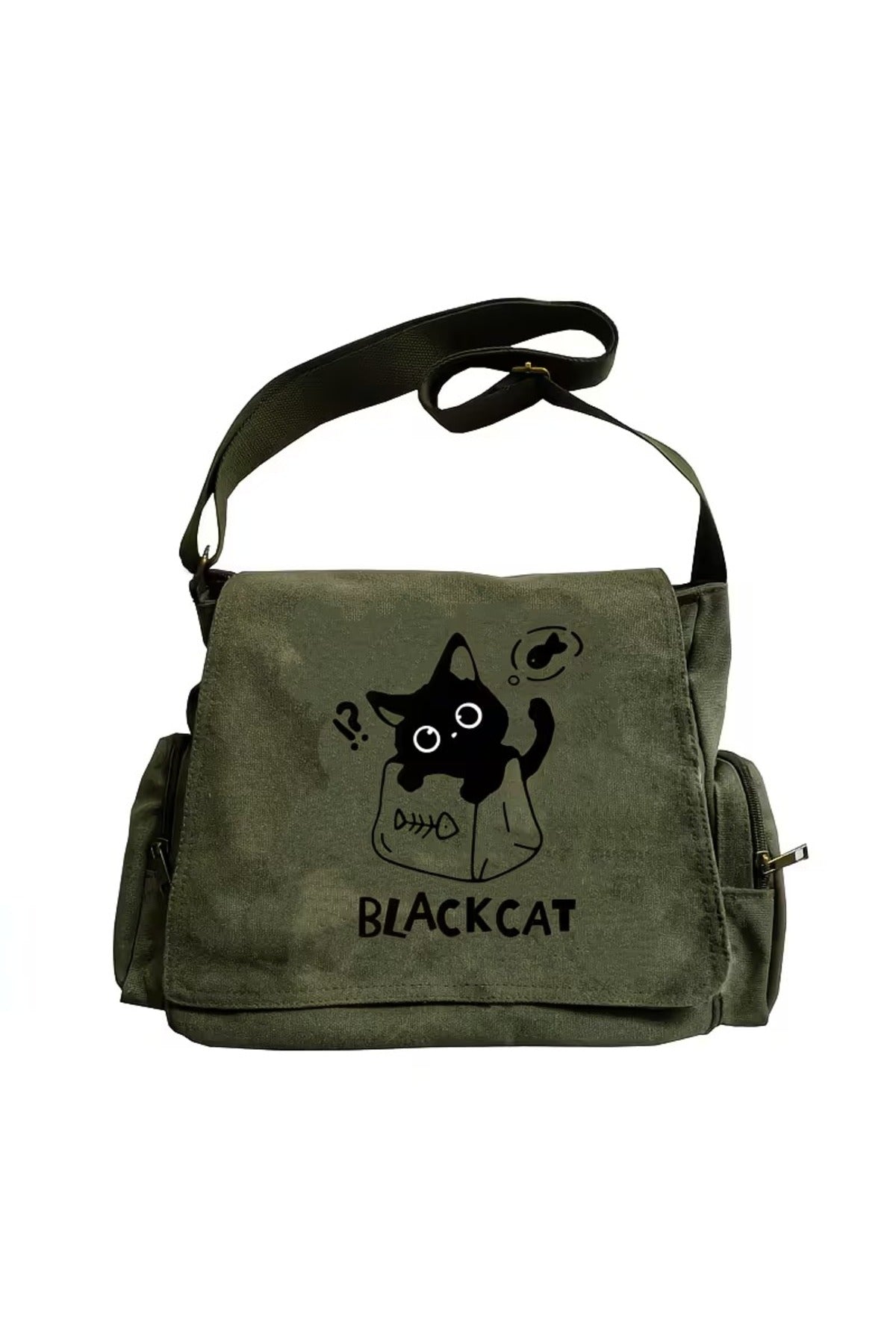 Vintage Sweet Cute Cat Baskılı Unisex Haki Postacı Çantası