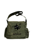 Vintage Sweet Cute Cat Baskılı Unisex Haki Postacı Çantası