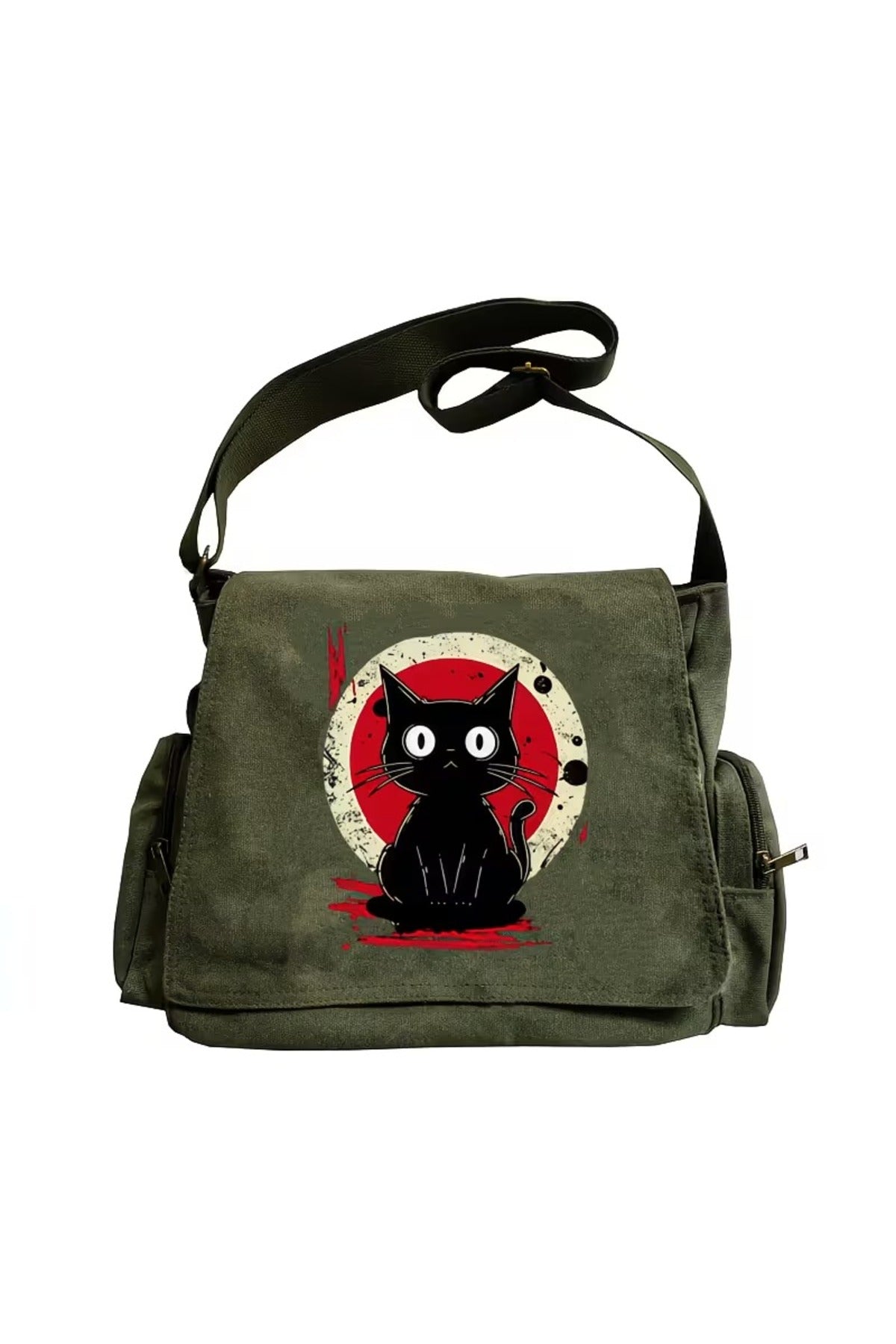 Vintage Sweet Cute Cat Baskılı Unisex Haki Postacı Çantası
