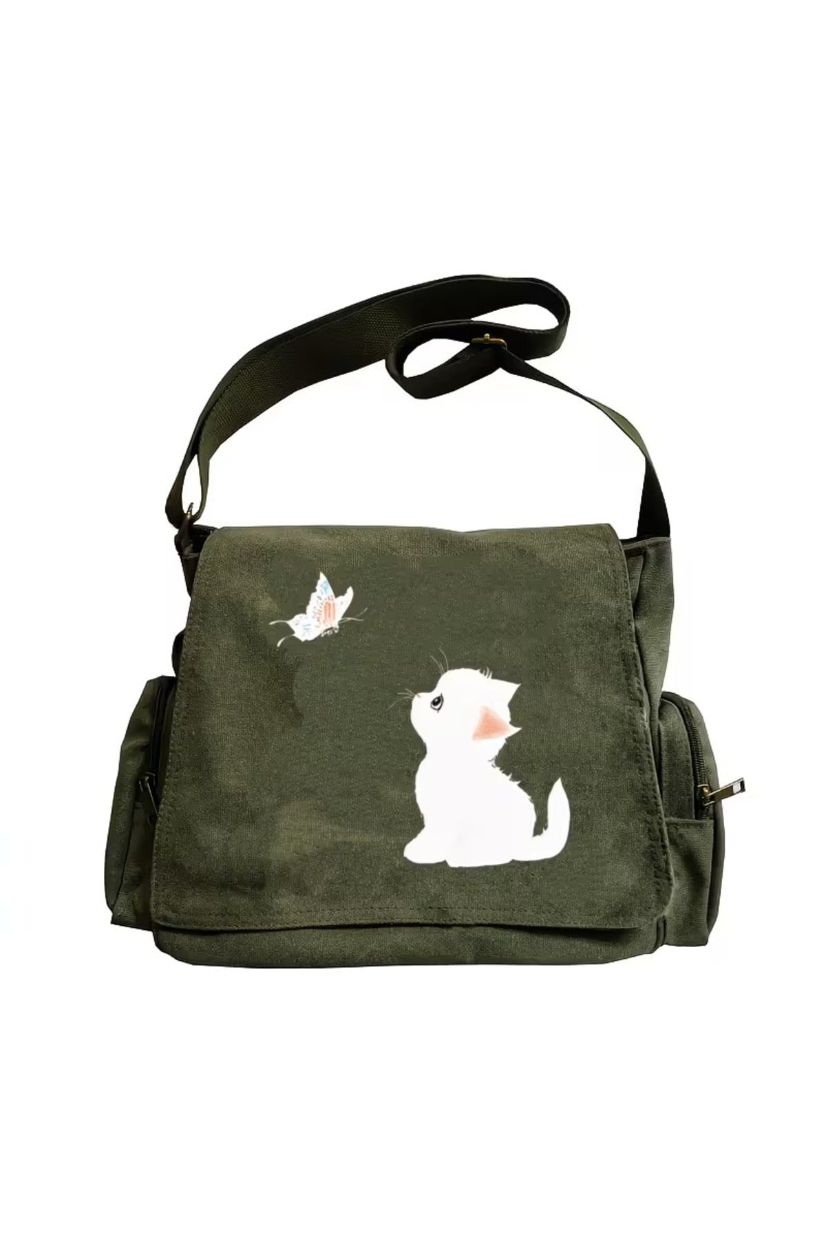 Vintage Sweet Cute Cat Baskılı Unisex Haki Postacı Çantası