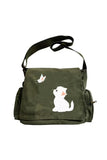 Vintage Sweet Cute Cat Baskılı Unisex Haki Postacı Çantası