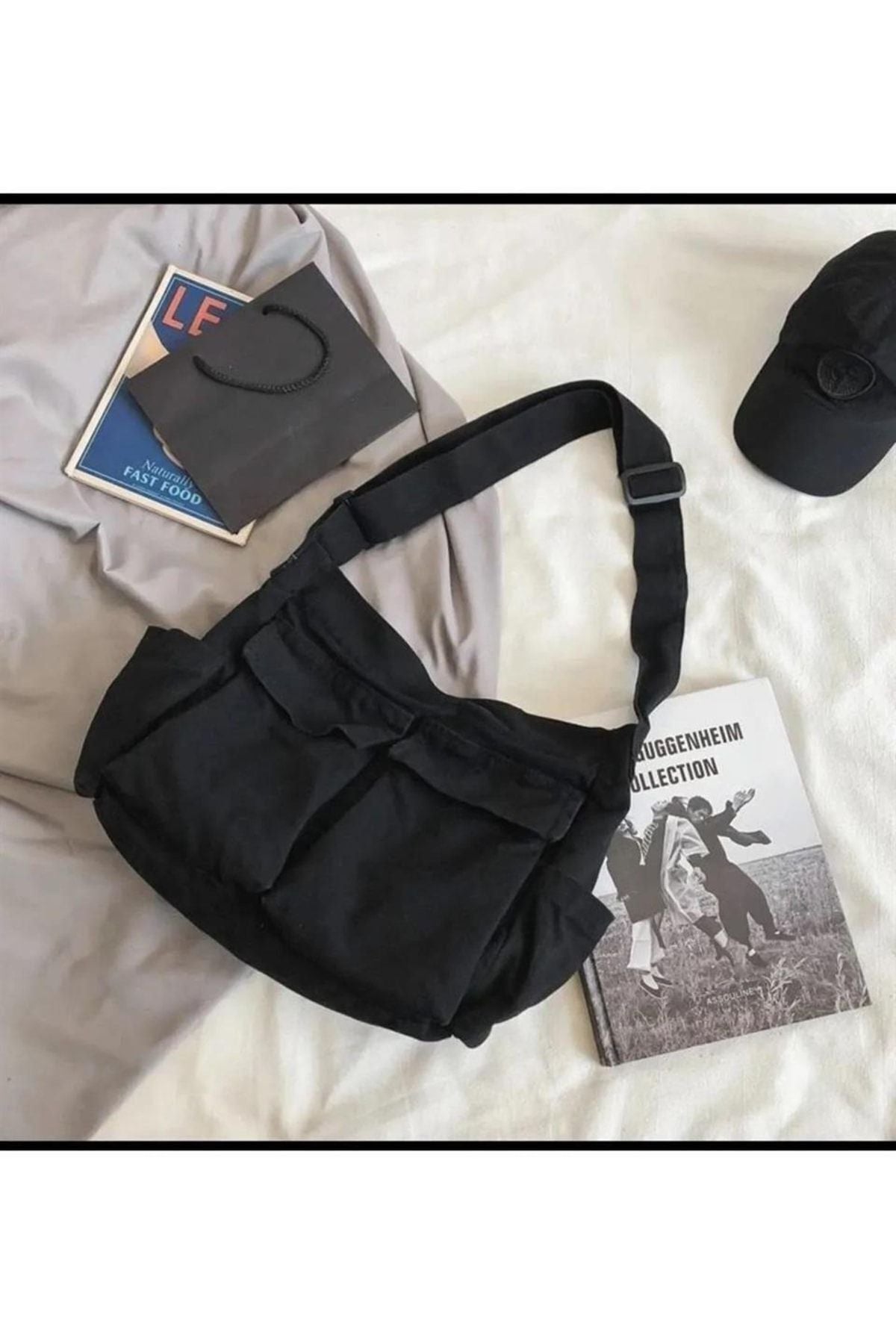 Vintage Unisex Kargo Cep Iç Hacmi Geniş Siyah Postacı Çanta
