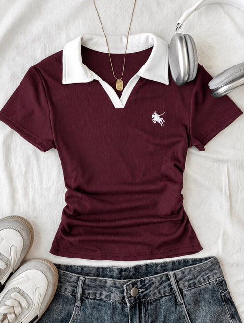 Solo Polo Yaka Bordo Nakışlı Büzgülü Bluz