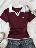 Solo Polo Yaka Bordo Nakışlı Büzgülü Bluz