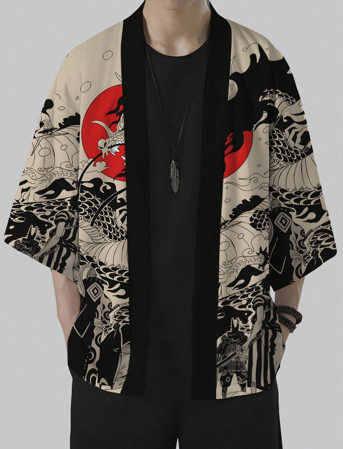 Retro Dragon Design Red Black Detaylı Unisex Kimono