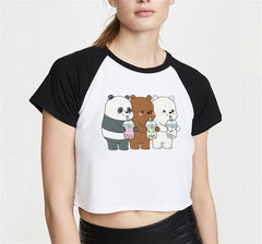 We Bare Bears Baskılı Reglan Kol Beyaz Crop