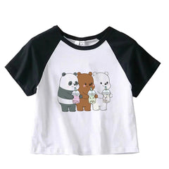 We Bare Bears Baskılı Reglan Kol Beyaz Crop