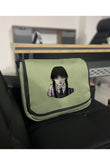 Wednesday Baskılı Unisex Yeşil Postacı Çantası