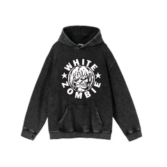 Yıkamalı Kumaş Rock Serisi White Zombie Kapüşonlu Hoodie Sweatshirt