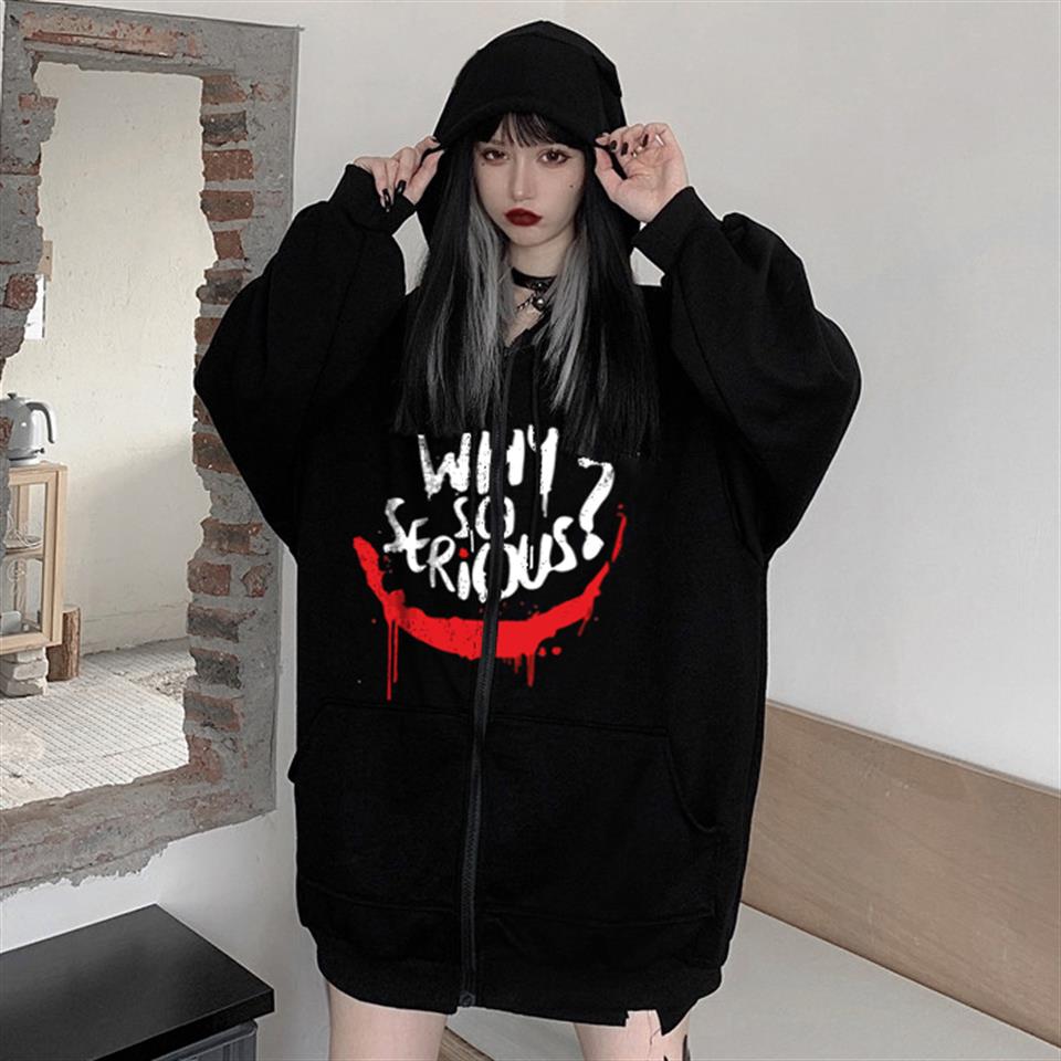 Why So Serious Baskılı Oversize Fermuarlı Siyah Unisex Kapüşonlu Hırka