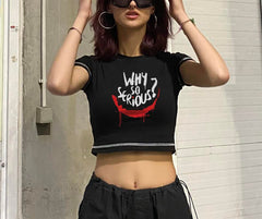 Why So Serious Baskılı Ters Dikiş Siyah Crop