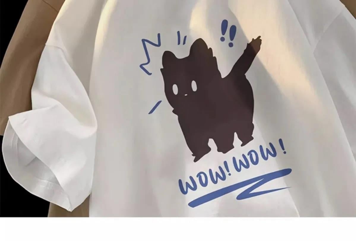 Wow Cat Baskılı Beyaz Unisex Oversize T-shirt