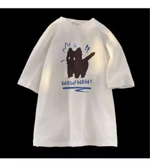 Wow Cat Baskılı Beyaz Unisex Oversize T-shirt