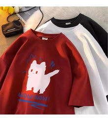 Wow Cat Baskılı Kırmızı Unisex Oversize T-shirt