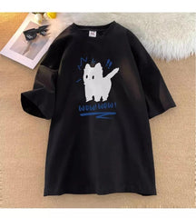 Wow Cat Baskılı Siyah Unisex Oversize T-shirt