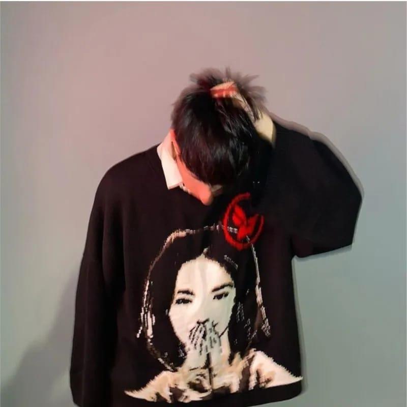 Y2k Bjork Girl Oversize Unisex Siyah Kazak