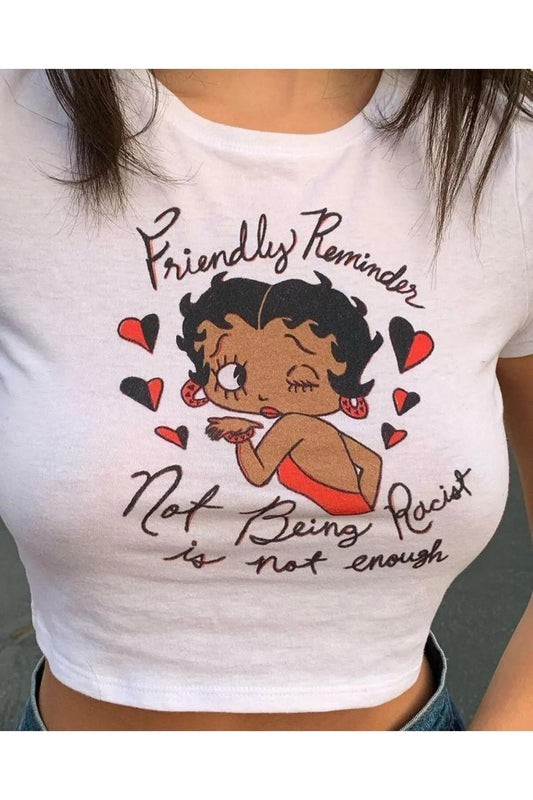 Y2k Cartoon Graphic Tee Beyaz Crop