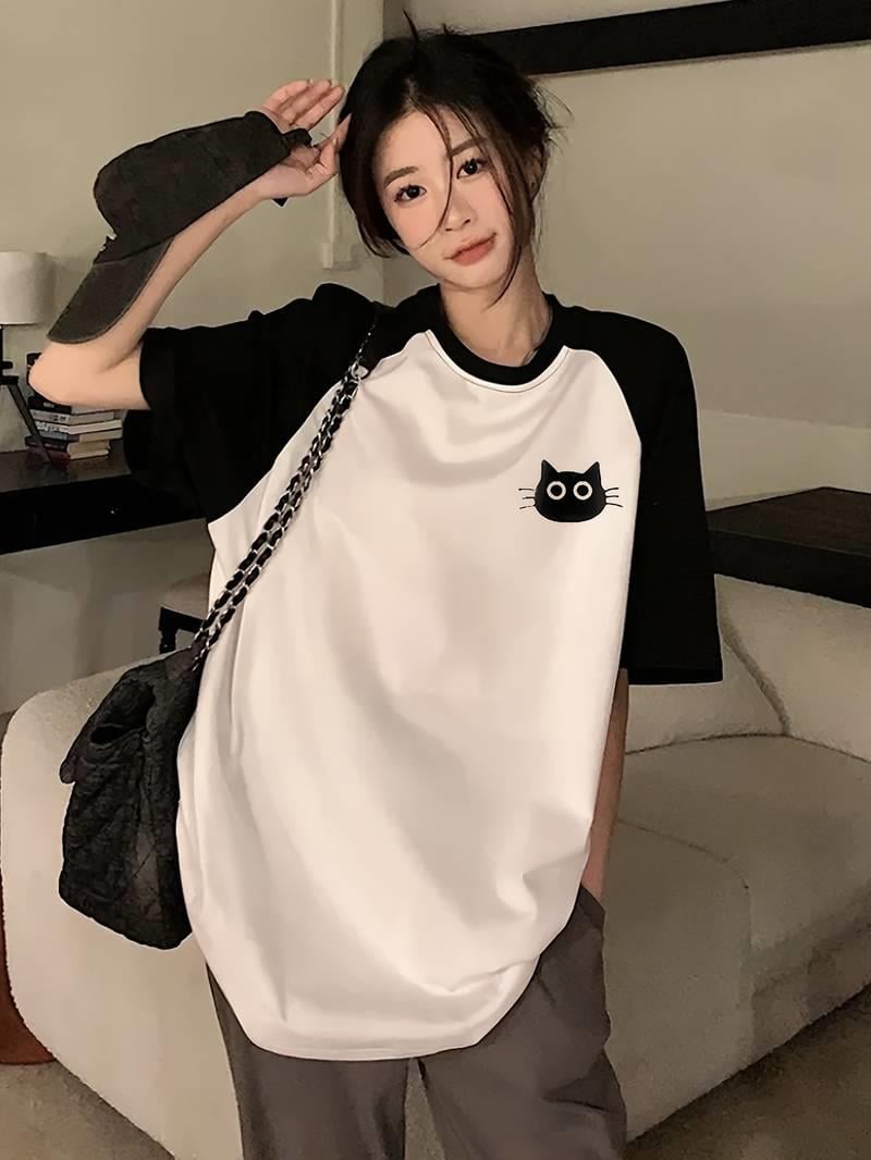 Y2k Cute Cat Beyaz Reglan Kol Oversize T-shirt