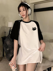 Y2k Cute Cat Beyaz Reglan Kol Oversize T-shirt