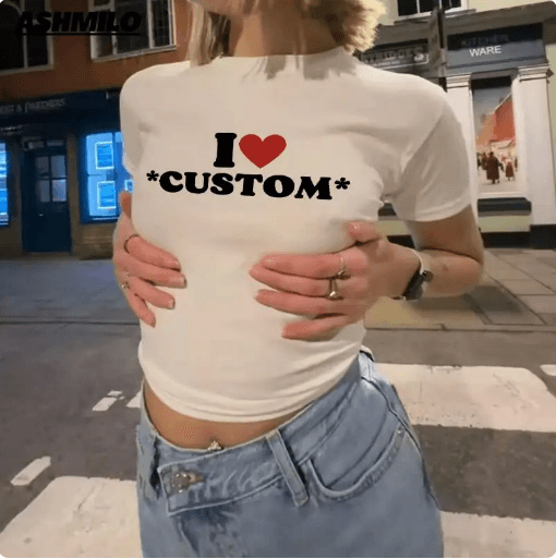 Kemer Boy Y2k I Love Custom Baskılı Beyaz Crop