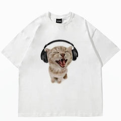 Y2k Kulaklıkla Müzik Dinleyen Kedi Baskılı Beyaz Unisex Oversize T-shirt