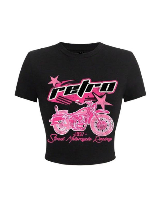 Y2k Letter & Motorcycle Baskılı Siyah Crop