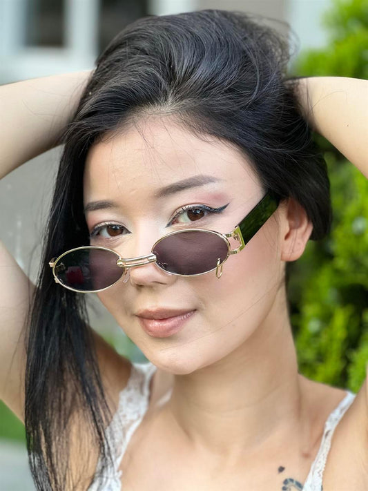 Y2K Piercing Detay Oval UV Korumalı Siyah Renk Bakır Uçlu Güneş Gözlüğü