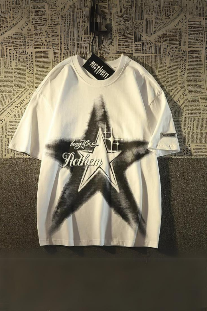 Y2k Star Baskılı Beyaz Unisex Oversize T-shirt