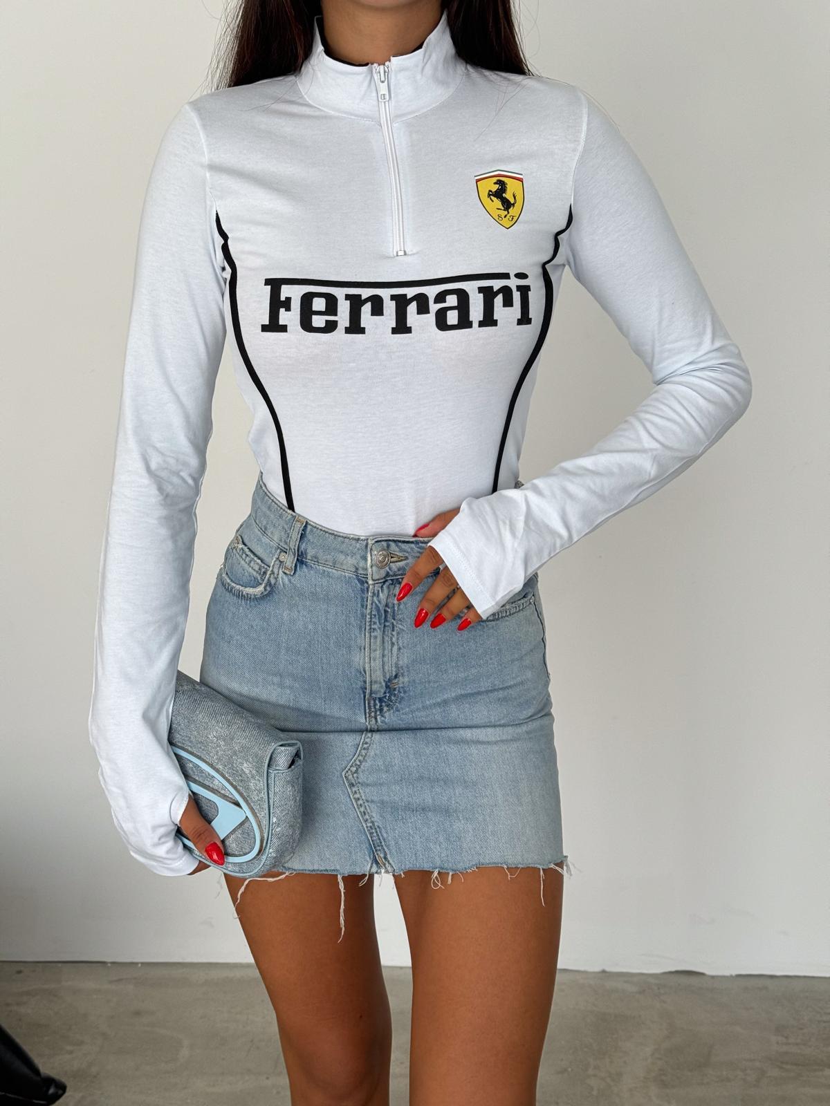 Y2K Streetwear Beyaz Ferrari Baskılı Beyaz Uzun Kollu Yarım Fermuarlı Crop