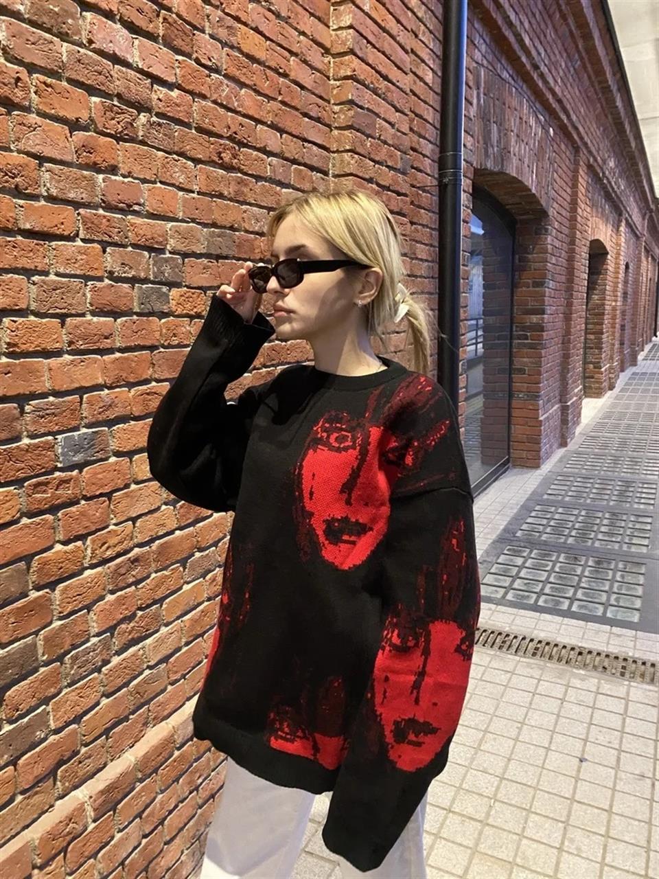 Y2K Streetwear Red Faces Oversize Unisex Siyah Kazak