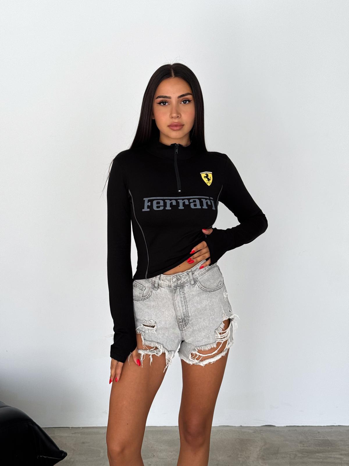 Y2K Streetwear Siyah Ferrari Baskılı Beyaz Uzun Kollu Yarım Fermuarlı Crop