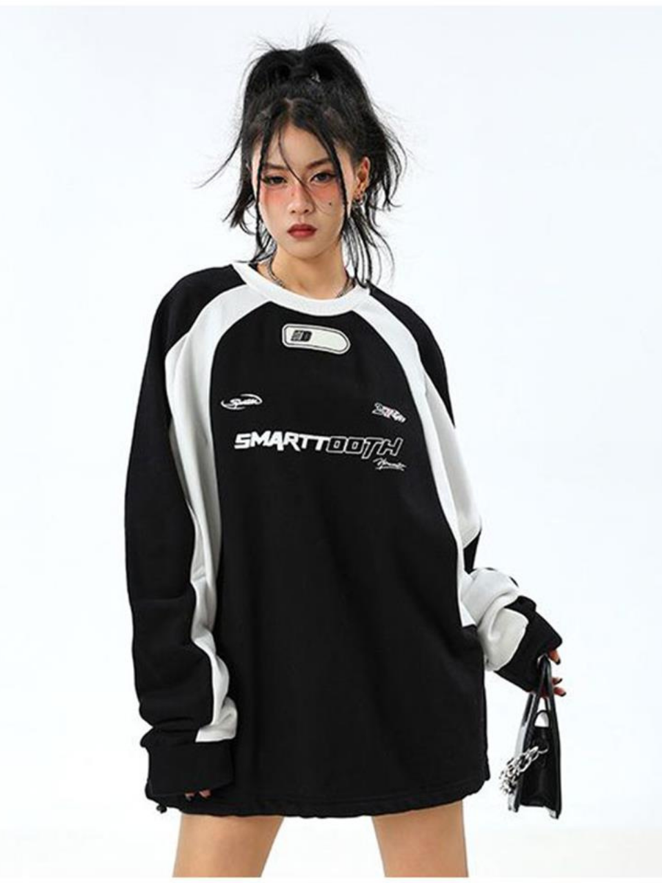 Y2K Streetwear Smarttooth Baskılı Siyah Unisex Oversize Bisiklet Yaka Sweatshirt