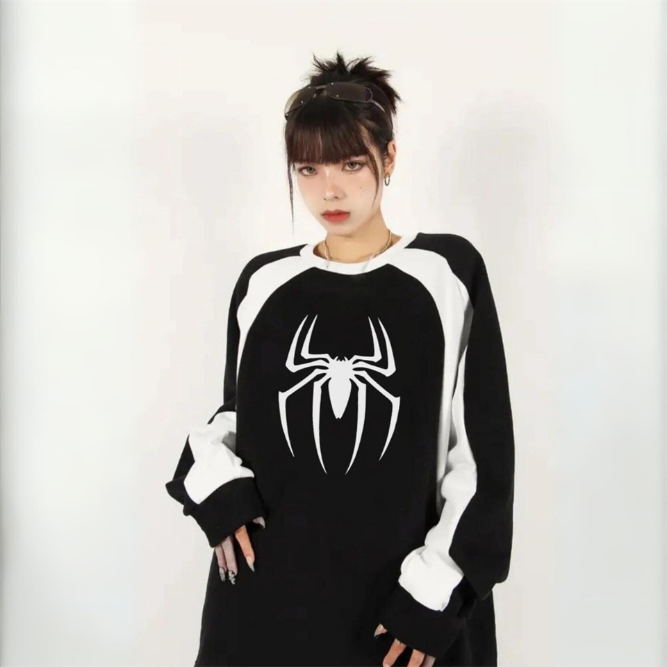 Y2K Streetwear Spider Baskılı Siyah Unisex Oversize Bisiklet Yaka Sweatshirt