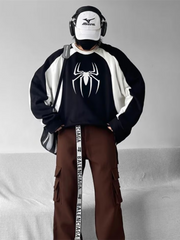 Y2K Streetwear Spider Baskılı Siyah Unisex Oversize Bisiklet Yaka Sweatshirt