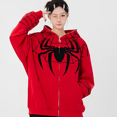 Y2k Streetwear Spider Web Oversize Fermuarlı Kırmızı Unisex Kapüşonlu Hırka