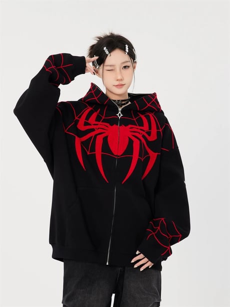 Y2k Streetwear Spider Web Oversize Fermuarlı Kırmızı Unisex Kapüşonlu Hırka