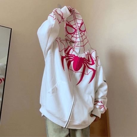 Y2k Streetwear Spider Web Oversize Fermuarlı Kırmızı Unisex Kapüşonlu Hırka