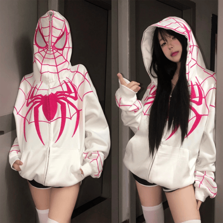 Y2k Streetwear Spider Web Oversize Fermuarlı Kırmızı Unisex Kapüşonlu Hırka