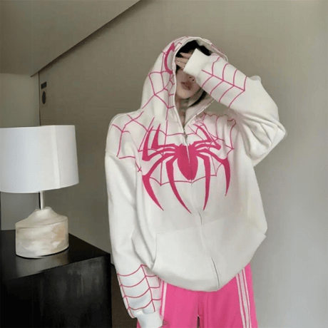 Y2k Streetwear Spider Web Oversize Fermuarlı Kırmızı Unisex Kapüşonlu Hırka