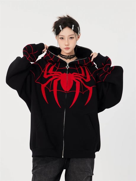 Y2k Streetwear Spider Web Oversize Fermuarlı Kırmızı Unisex Kapüşonlu Hırka